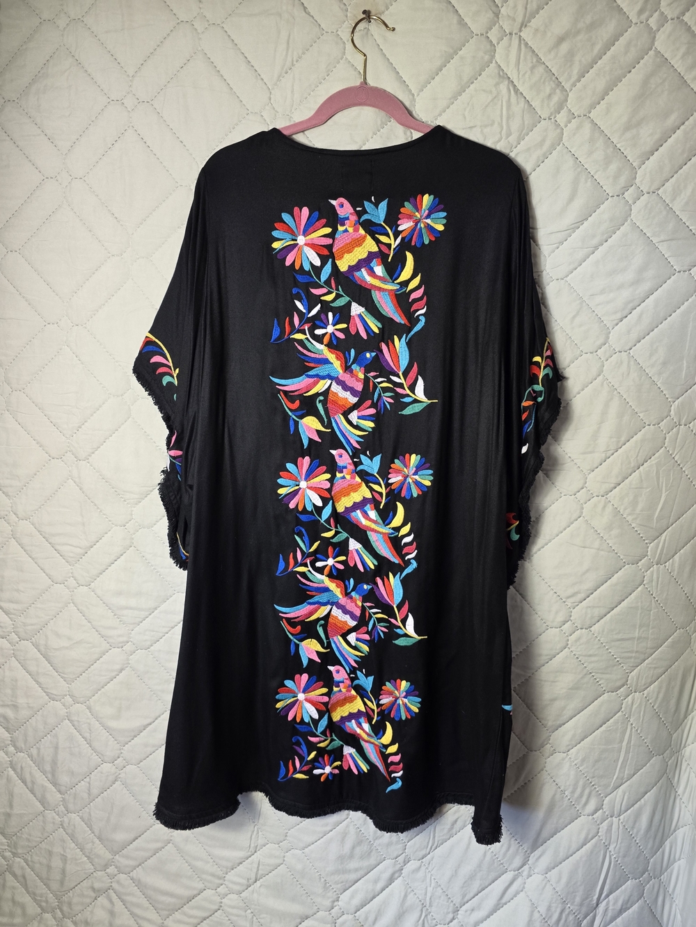 Judith March Kimono Coverup Womens Sz L Black Boho Tassel Embroidered Geometric
